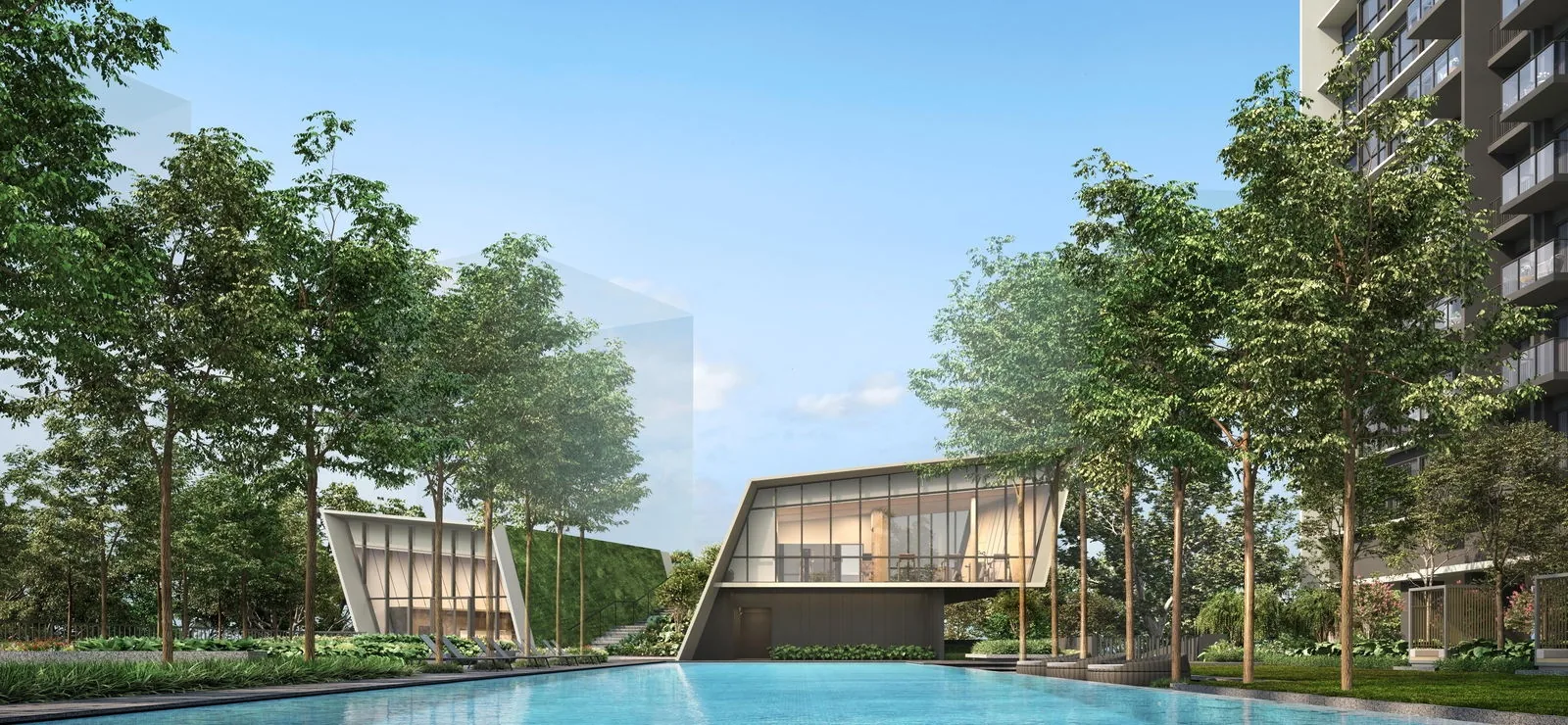The Orie, artist&rsquo;s impression: the 50-metre lap pool in the Central Garden, with the folded glass pavilions of Club Orie among rain trees at the far end