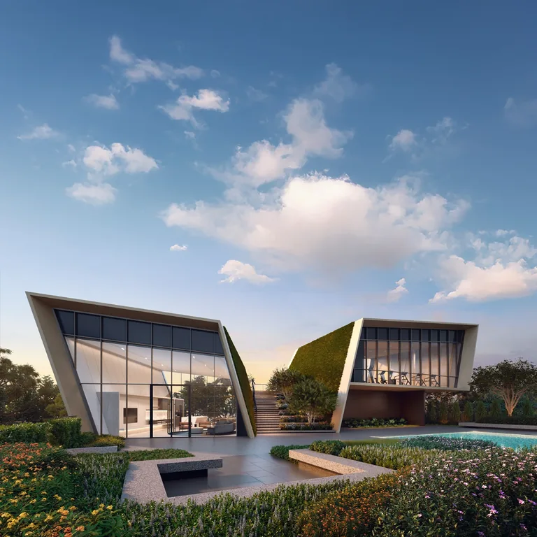 The Orie, artist&rsquo;s impression: Club Orie, two angular glass pavilions with planted roofs folded like paper, on a lawn edged with flowering shrubs