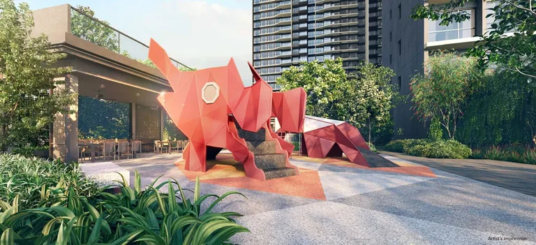 The Orie, artist&rsquo;s impression: the dragon playland in the Play Garden, a coral-red folded dragon with slides, beside a pavilion and the tower