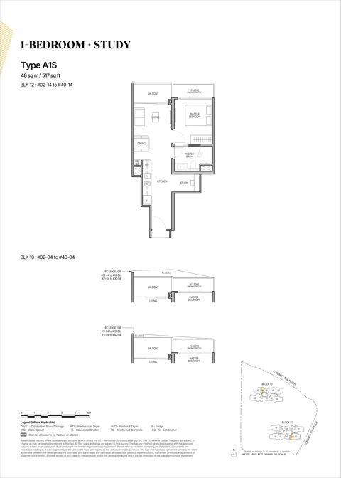 The Orie floor plan, Type A1S (1-Bedroom + Study): 1 bedroom + study, 48 sq m (517 sq ft), 78 homes, Block 10 stack 04 and Block 12 stack 14, 2nd to 40th storey (developer drawing with key plan)