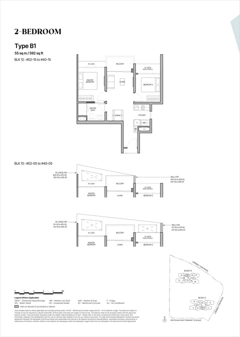 The Orie floor plan, Type B1 (2-Bedroom): 2 bedrooms, 1 bathroom, 55 sq m (592 sq ft), 78 homes, Block 10 stack 05 and Block 12 stack 15, 2nd to 40th storey (developer drawing with key plan)