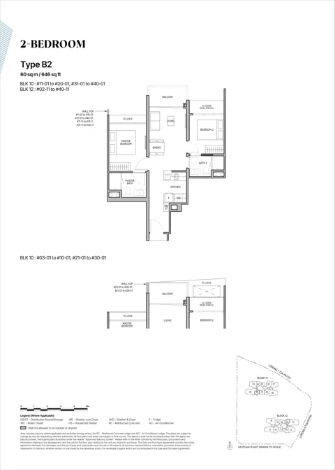The Orie floor plan, Type B2 (2-Bedroom): 2 bedrooms, 2 bathrooms, 60 sq m (646 sq ft), 77 homes, Block 10 stack 01 (3rd to 40th) and Block 12 stack 11 (2nd to 40th) (developer drawing with key plan)