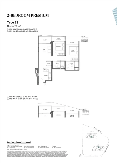 The Orie floor plan, Type B3 (2-Bedroom Premium): 2 bedrooms premium, 63 sq m (678 sq ft), 77 homes, Block 10 stack 10 (3rd to 40th) and Block 12 stack 20 (2nd to 40th) (developer drawing with key plan)