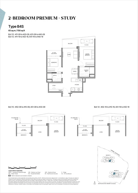 The Orie floor plan, Type B4S (2-Bedroom Premium + Study): 2 bedrooms premium + study, 65 sq m (700 sq ft), 78 homes, Block 10 stack 09 and Block 12 stack 19, 2nd to 40th storey (developer drawing with key plan)