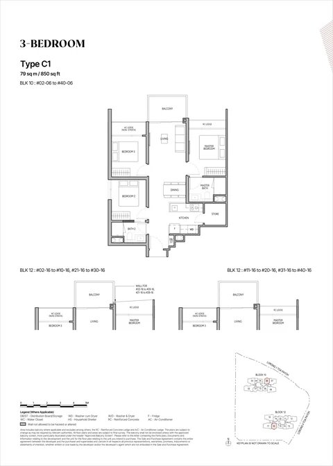 The Orie floor plan, Type C1 (3-Bedroom): 3 bedrooms, 79 sq m (850 sq ft), 78 homes, Block 10 stack 06 and Block 12 stack 16, 2nd to 40th storey (developer drawing with key plan)