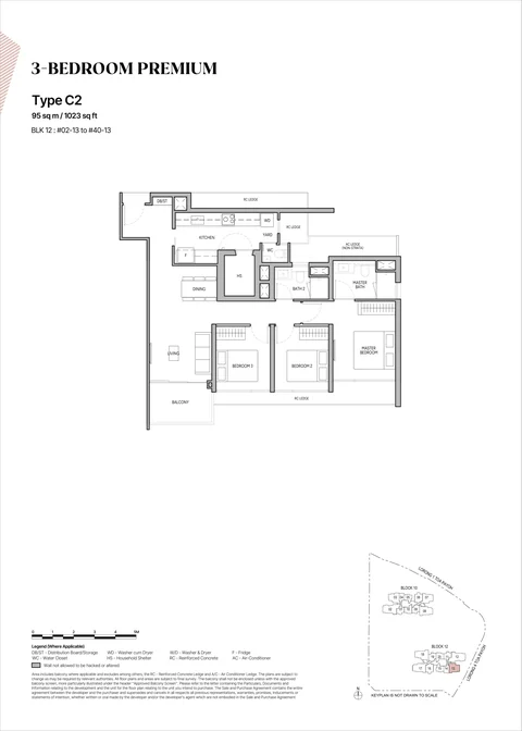 The Orie floor plan, Type C2 (3-Bedroom Premium): 3 bedrooms premium, 95 sq m (1,023 sq ft), 39 homes, Block 12 stack 13, 2nd to 40th storey (developer drawing with key plan)