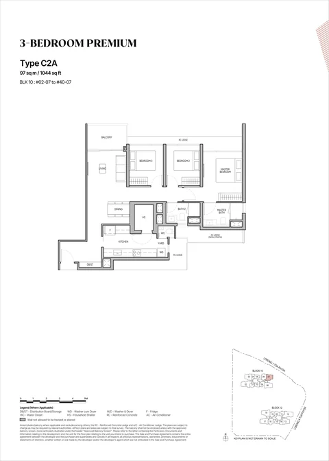 The Orie floor plan, Type C2A (3-Bedroom Premium): 3 bedrooms premium, 97 sq m (1,044 sq ft), 39 homes, Block 10 stack 07, 2nd to 40th storey (developer drawing with key plan)