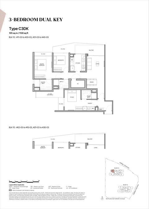 The Orie floor plan, Type C3DK (3-Bedroom Dual Key): 3 bedrooms dual key, 105 sq m (1,130 sq ft), 39 homes, Block 10 stack 03, 2nd to 40th storey (developer drawing with key plan)