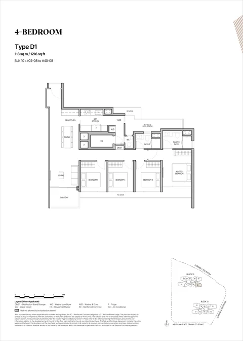 The Orie floor plan, Type D1 (4-Bedroom): 4 bedrooms, 113 sq m (1,216 sq ft), 39 homes, Block 10 stack 08, 2nd to 40th storey (developer drawing with key plan)