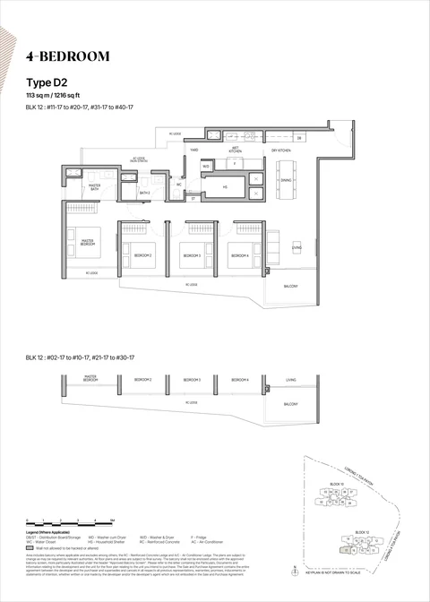 The Orie floor plan, Type D2 (4-Bedroom): 4 bedrooms, 113 sq m (1,216 sq ft), 39 homes, Block 12 stack 17, 2nd to 40th storey (developer drawing with key plan)