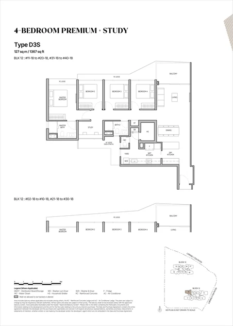The Orie floor plan, Type D3S (4-Bedroom Premium + Study): 4 bedrooms premium + study, 127 sq m (1,367 sq ft), 39 homes, Block 12 stack 18, 2nd to 40th storey (developer drawing with key plan)
