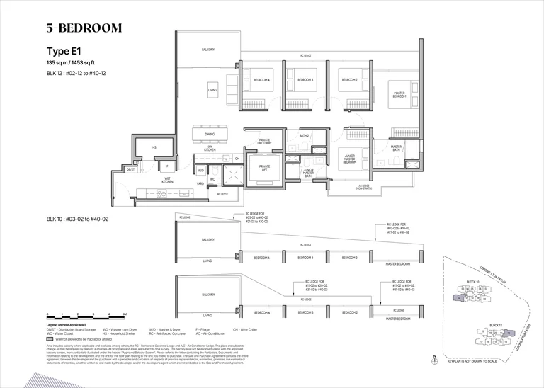 The Orie floor plan, Type E1 (5-Bedroom): 5 bedrooms with private lift, 135 sq m (1,453 sq ft), 77 homes, Block 10 stack 02 (3rd to 40th) and Block 12 stack 12 (2nd to 40th) (developer drawing with key plan)
