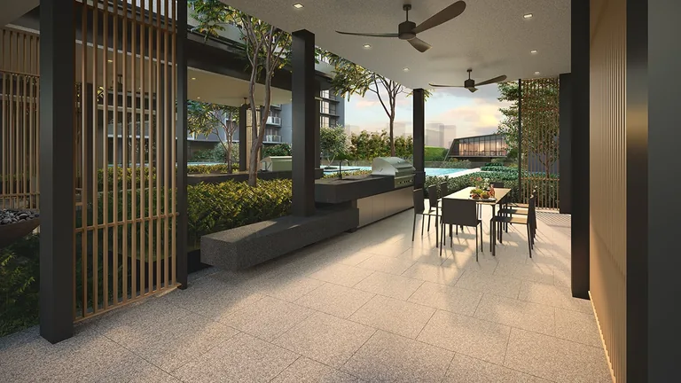 The Orie, artist&rsquo;s impression: a gourmet pavilion for outdoor dining, a long table and a barbecue counter under timber screens and ceiling fans