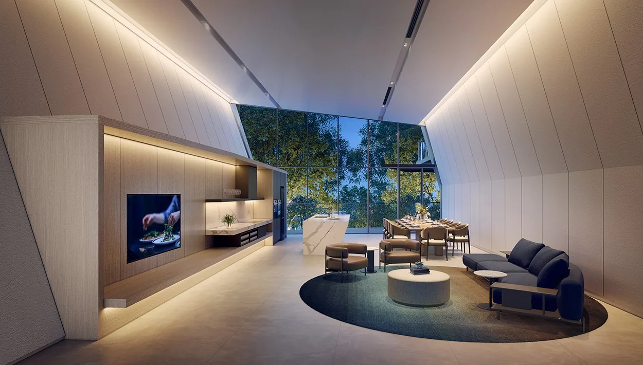 The Orie, artist&rsquo;s impression: the grand function room in Club Orie, a lounge and dining table under a folded timber ceiling, with the garden through the glass