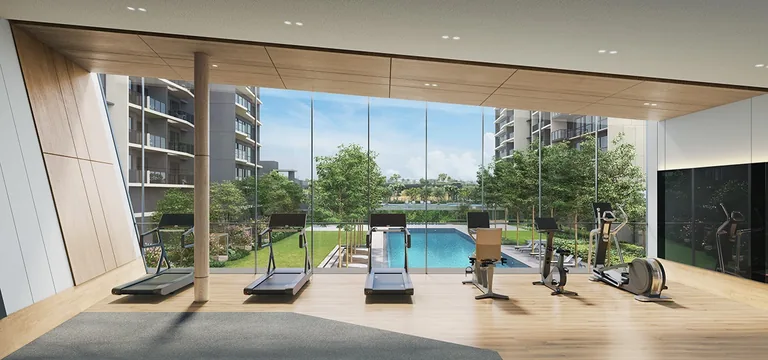 The Orie, artist&rsquo;s impression: the gymnasium, treadmills and machines facing full-height glass over the lap pool and the gardens