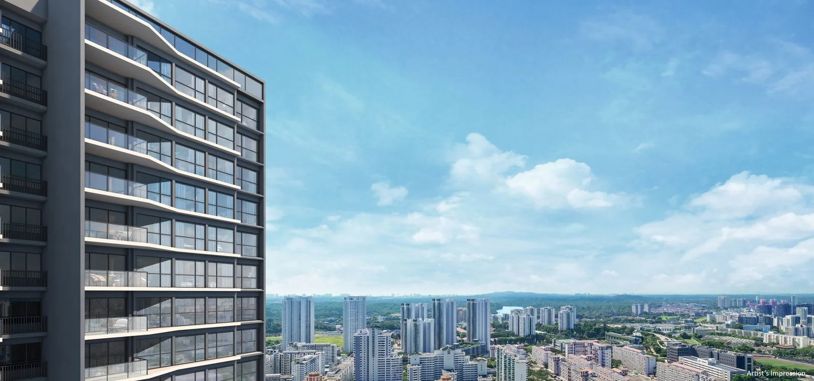 The Orie, artist&rsquo;s impression: the corner of a tower with its glass balconies, and the high-floor view west over Toa Payoh towards the MacRitchie forest
