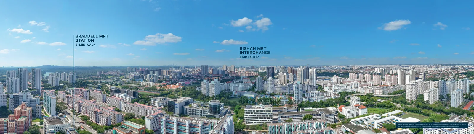 The Orie, photograph taken at about Level 40 in October 2024: the view north over Braddell and Bishan, with Braddell MRT station and the Bishan interchange marked