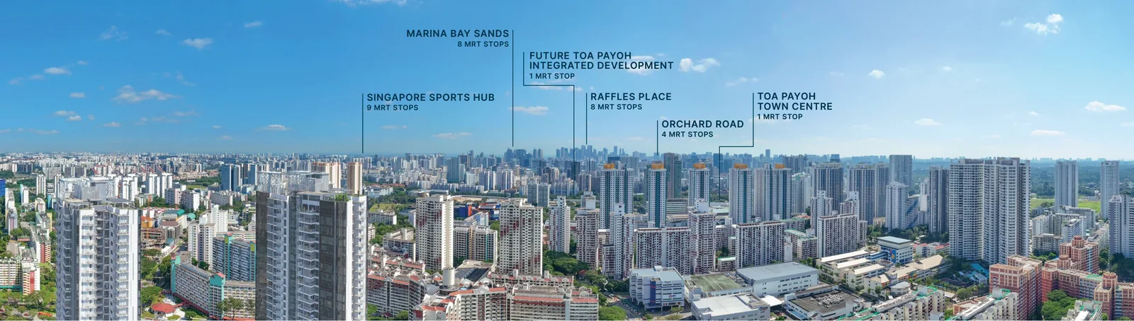 The Orie, photograph taken at about Level 40 in October 2024: the view south over Toa Payoh town to the city skyline, with Orchard Road, Raffles Place, Marina Bay Sands and the Sports Hub marked