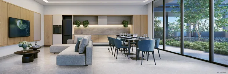 The Orie show-unit interior, for illustration only: a living and dining room with a grey sofa, timber wall panels, an open kitchen and full-height glass onto the garden