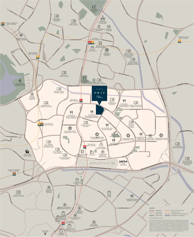 The Orie location map (developer drawing, from OneMap, December 2024): the site at Lorong 1 Toa Payoh with Braddell, Toa Payoh and Bishan MRT stations, schools, markets, hospitals and parks