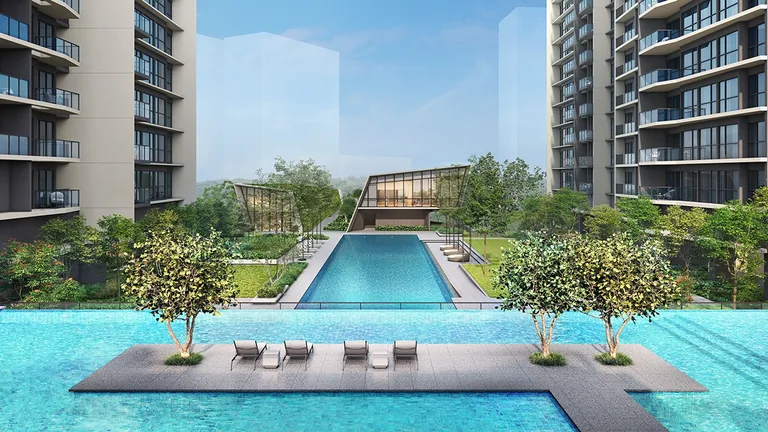 The Orie, artist&rsquo;s impression: the relaxation pool by day, its floating deck planted with two trees, and the lap pool and Club Orie beyond
