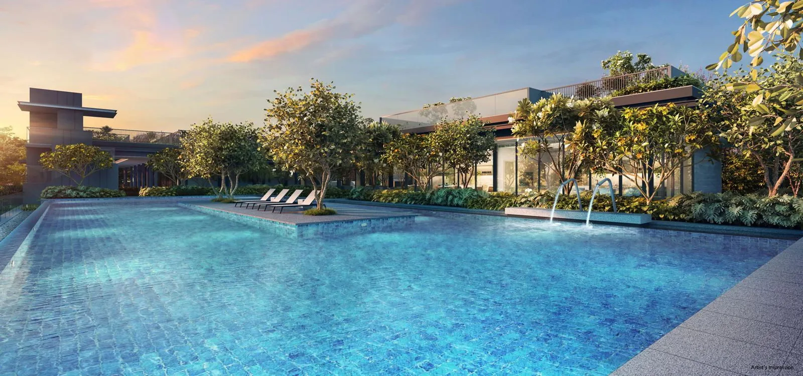 The Orie, artist&rsquo;s impression: the relaxation pool at dusk, sun loungers on the floating deck, water jets at the spa cove and the function rooms behind the trees