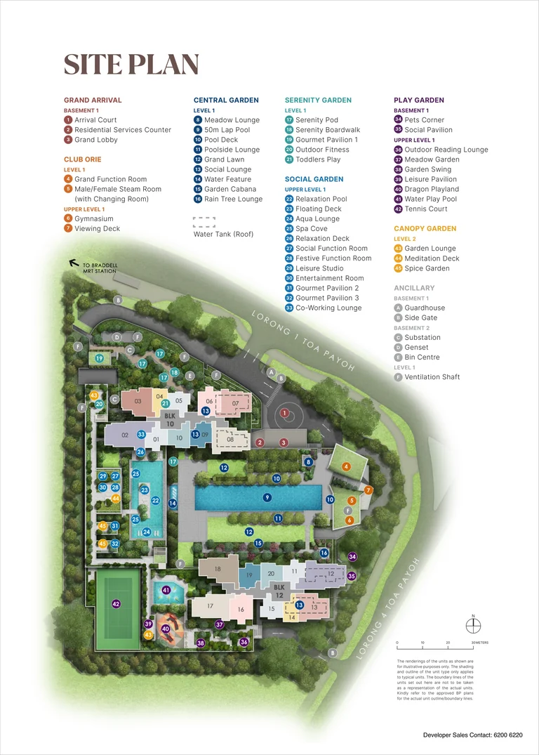 The Orie site plan (developer drawing): Blocks 10 and 12 on the triangular site between Lorong 1 and Lorong 4 Toa Payoh, with the 45 numbered facilities in the Grand Arrival, Club Orie and the five gardens