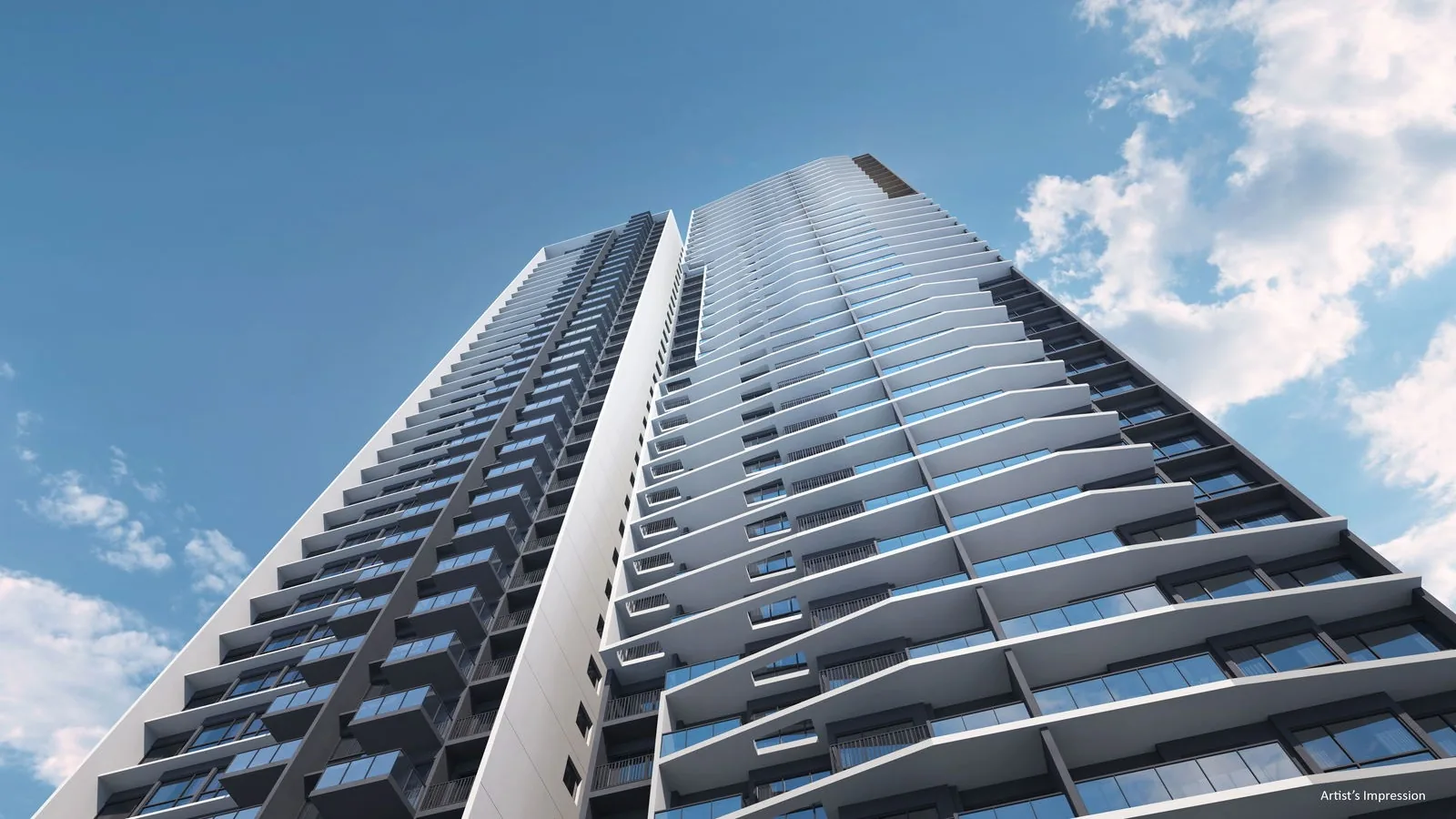 The Orie, artist&rsquo;s impression: a tower seen from below against a blue sky, its folded balcony ledges stepping up all 40 storeys