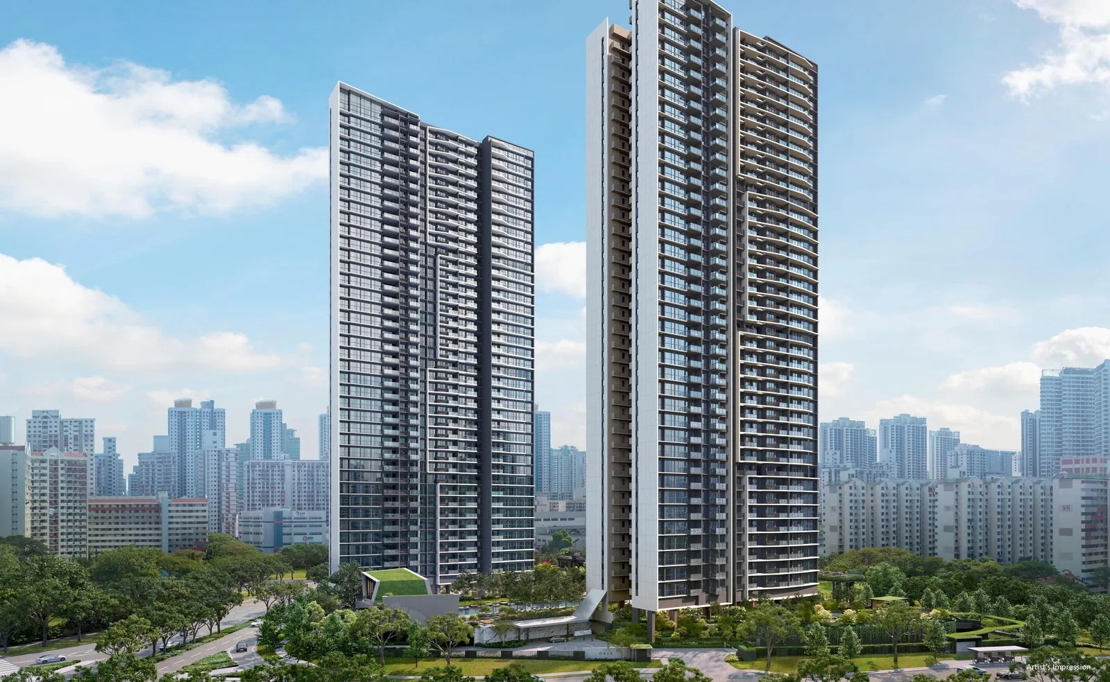 The Orie, artist&rsquo;s impression: the twin towers by day, their angled ledges and vertical fins catching the light, rising from the trees of Lorong 1 Toa Payoh