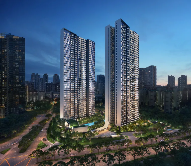 The Orie, artist&rsquo;s impression: the two 40-storey towers lit at dusk above the landscaped deck, with the Toa Payoh flats and the city skyline behind